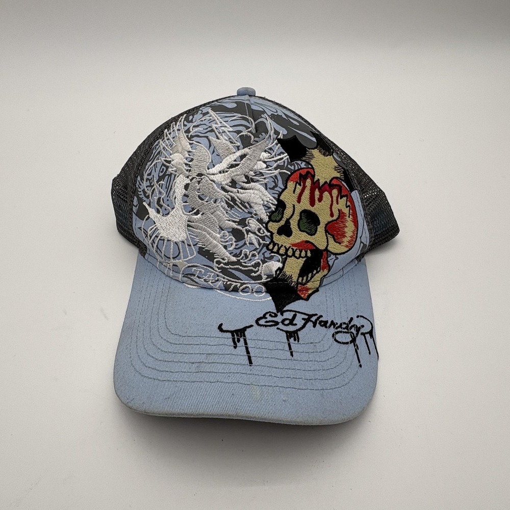 Ed Hardy Hat Mens One Size‎ Blue Trucker Skull Tattoo Graphic Mesh Snapback